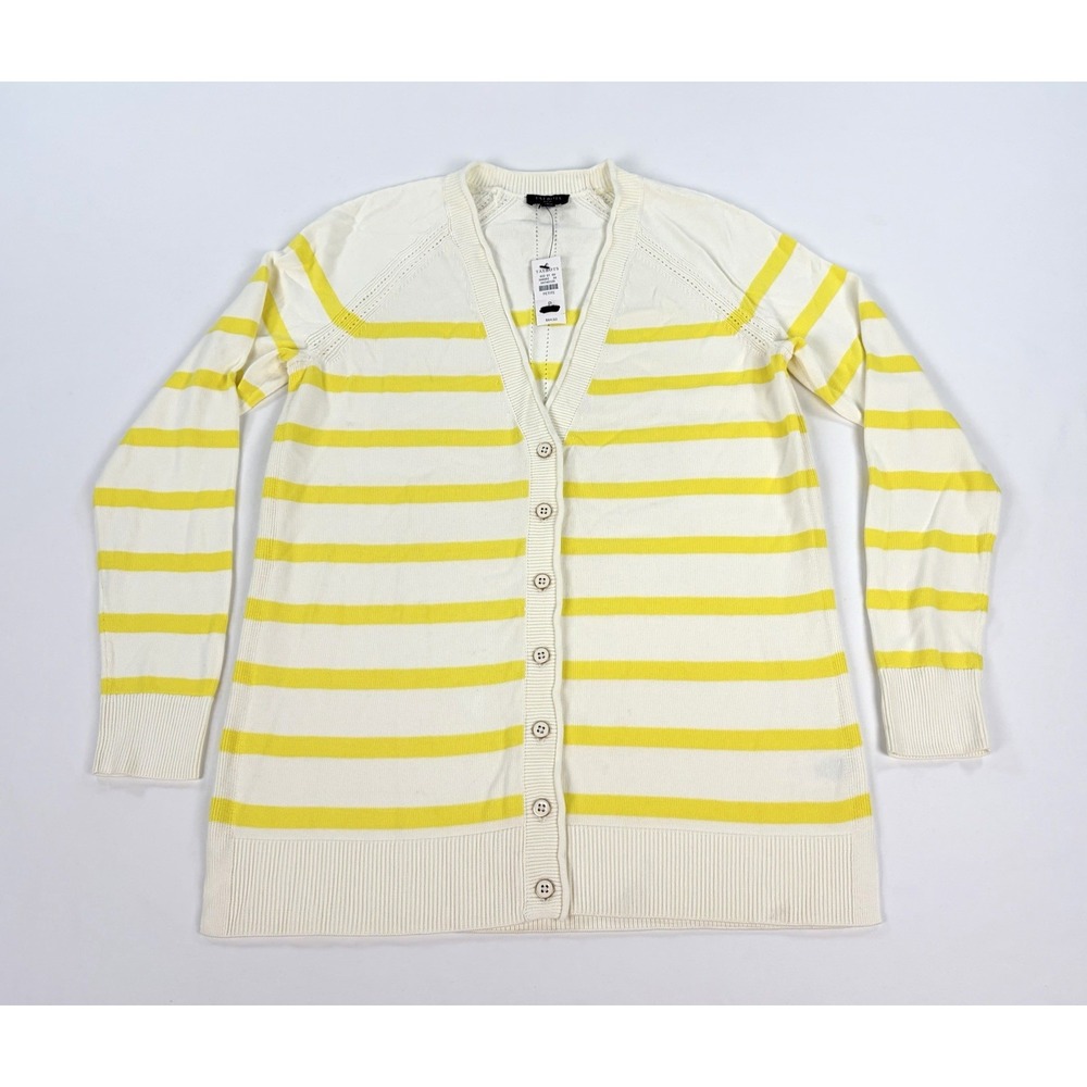 Talbots Petite Medium White Yellow Striped Long Cardigan Sweater V-Neck New